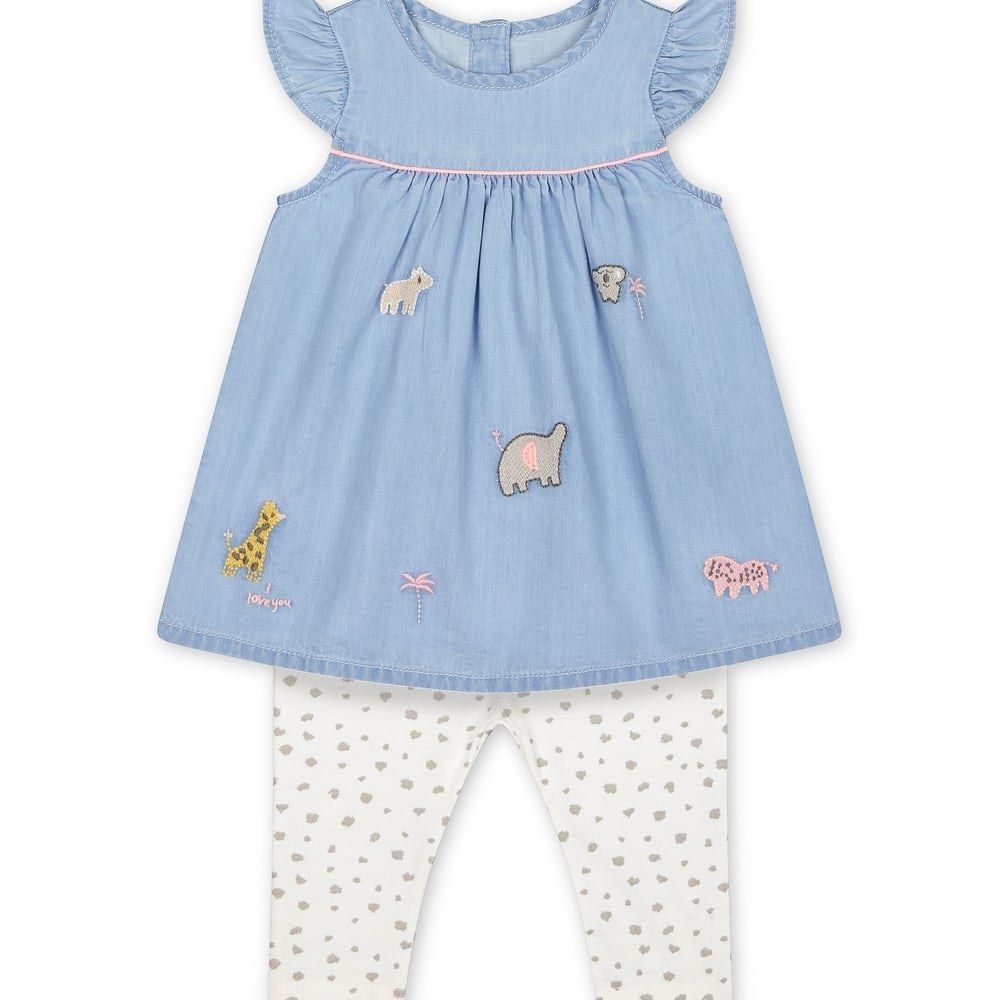 

Girls Half Sleeves Embroidered Dress And Legging Set - Blue