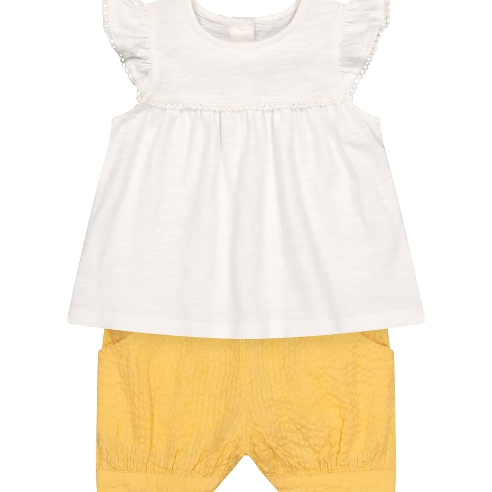 

Girls Half Sleeves Lace Details Top And Shorts Set - White Yellow