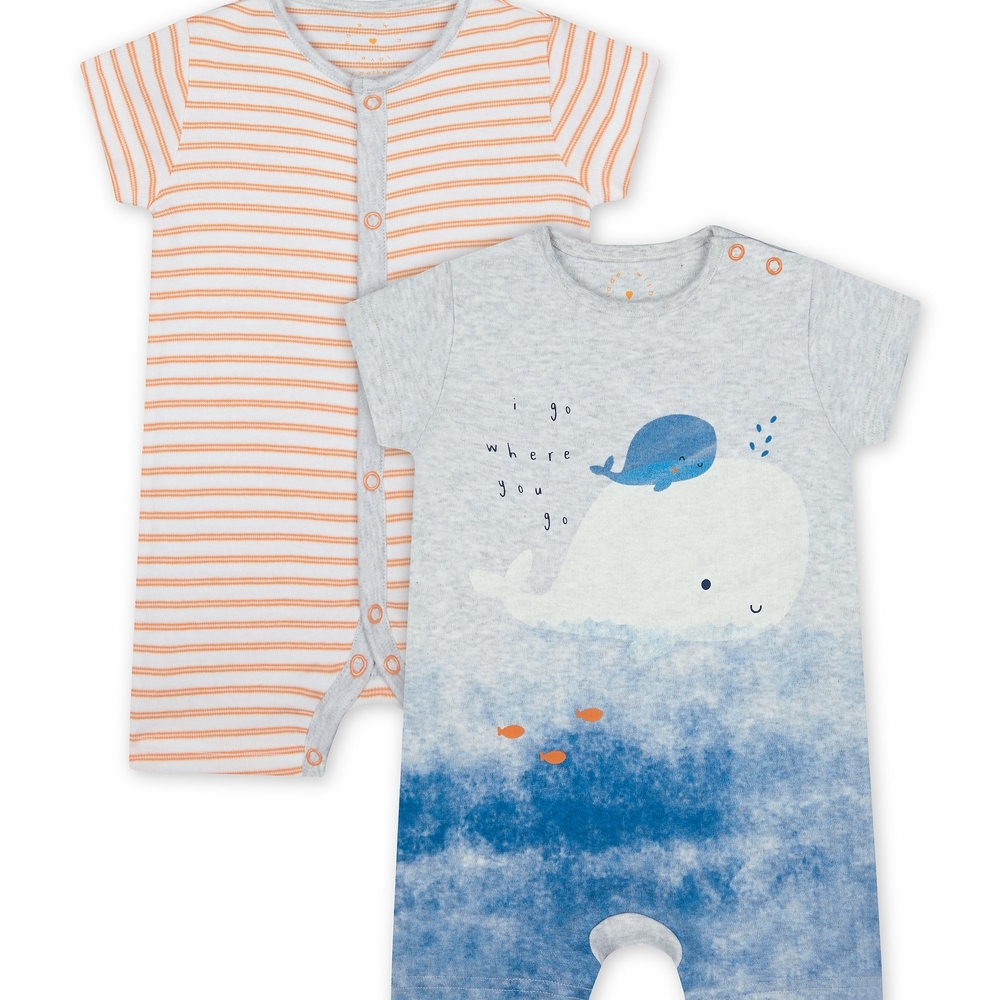 

Boys Half Sleeves Whale Print And Striped Romper - Pack Of 2 - Multicolor