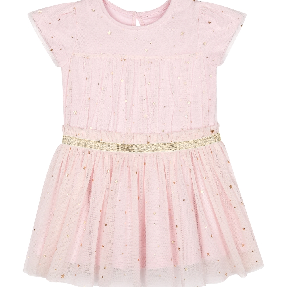 

Girls Half Sleeves Star Print Mesh Dress - Pink