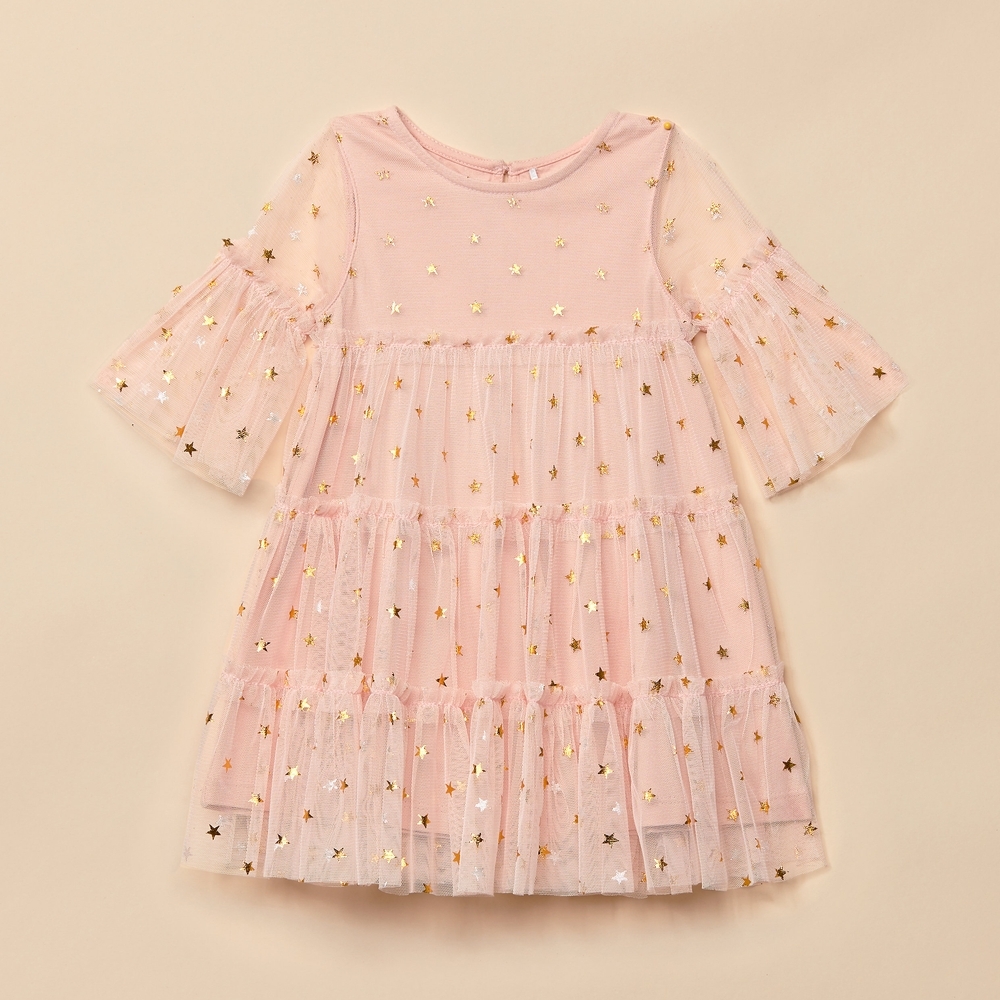 

Girls Full Sleeves Sparkle Star Print Mesh Dress - Pink