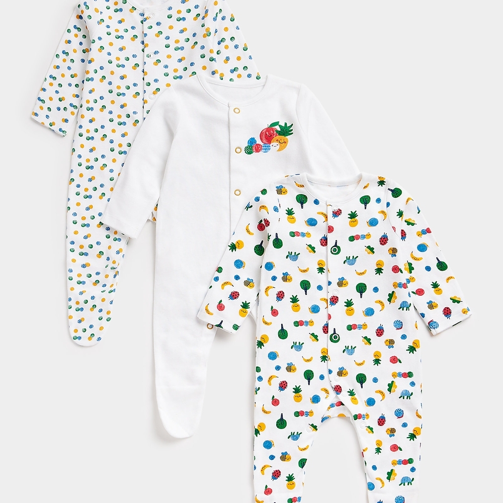 

Mothercare Unisex Full Sleeves Fruit print Romper-Pack of 3-Multicolor