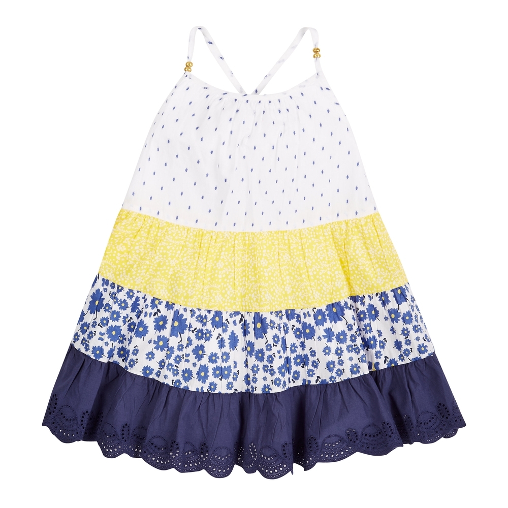 

Girls Tiered Patchwork Dress - Blue