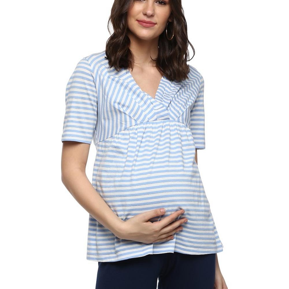 

Momsoon women maternity half sleeve top-Striped Blue