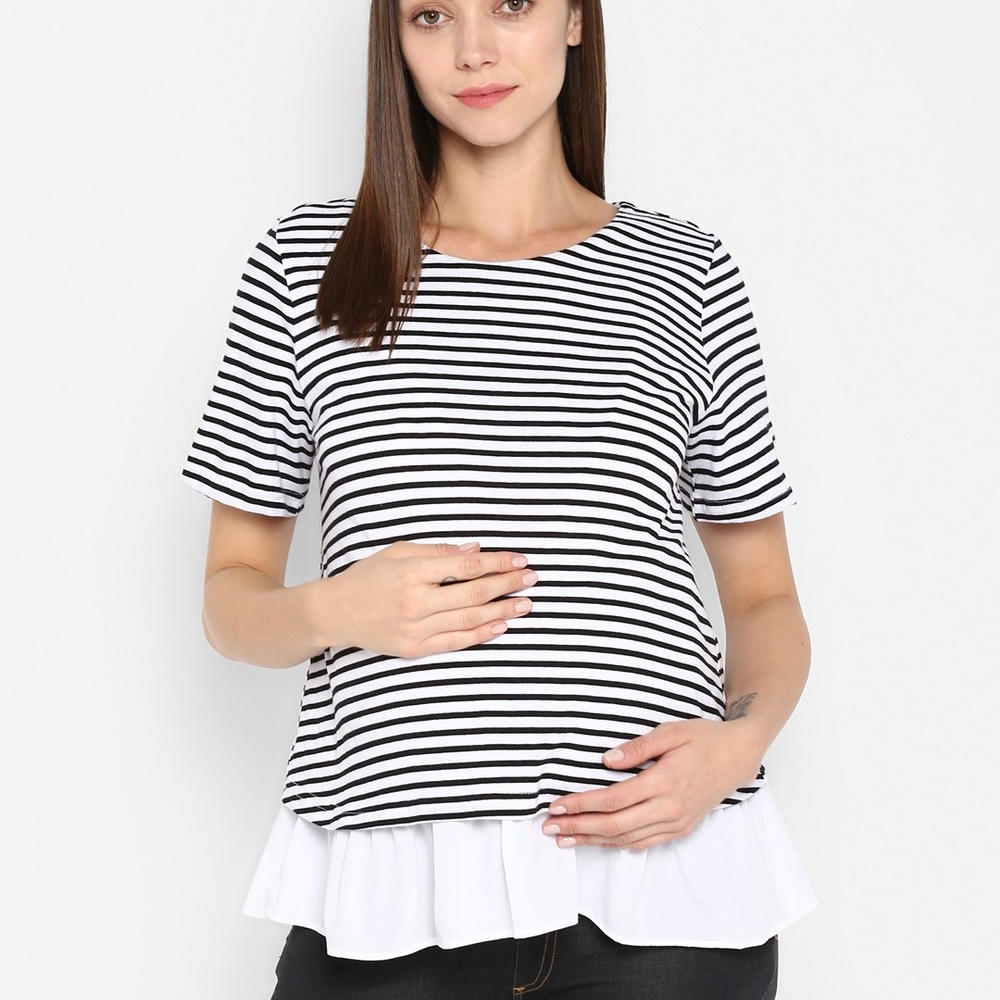 

Momsoon women maternity half sleeve top-Striped Black