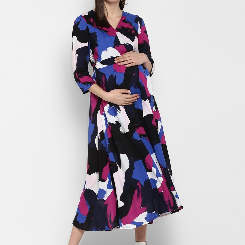 

Momsoon women maternity three-fourth sleeves casual dress- Multicolor