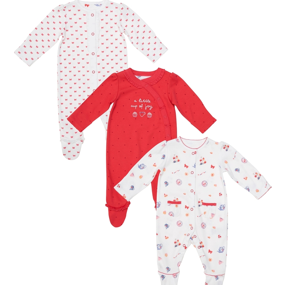 

Girls Full Sleeves Tea Party Print Sleepsuit - Pack Of 3 - Multicolor