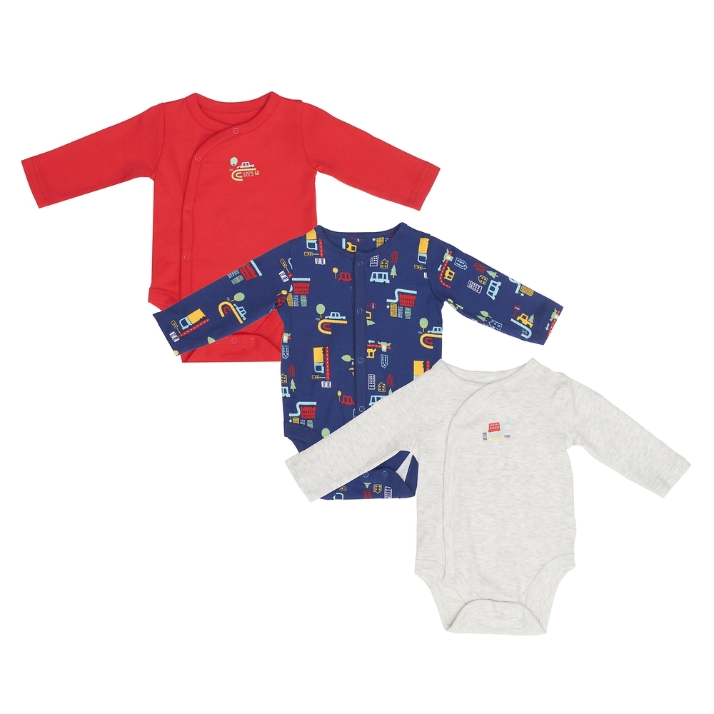 

Boys Full Sleeves Bodysuit Vehicle Print - Pack Of 3 - Navy Red Grey
