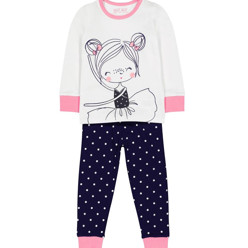 

Girls Full Sleeves Pyjamas Dancing Image With Polka Print - White Navy