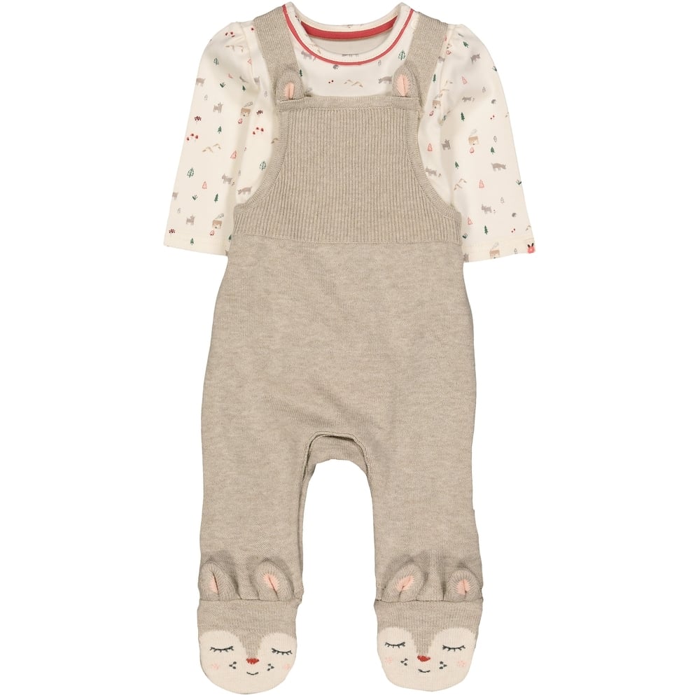 

Girls Full Sleeves Novelty Deer Dungaree And Bodysuit Set - Beige