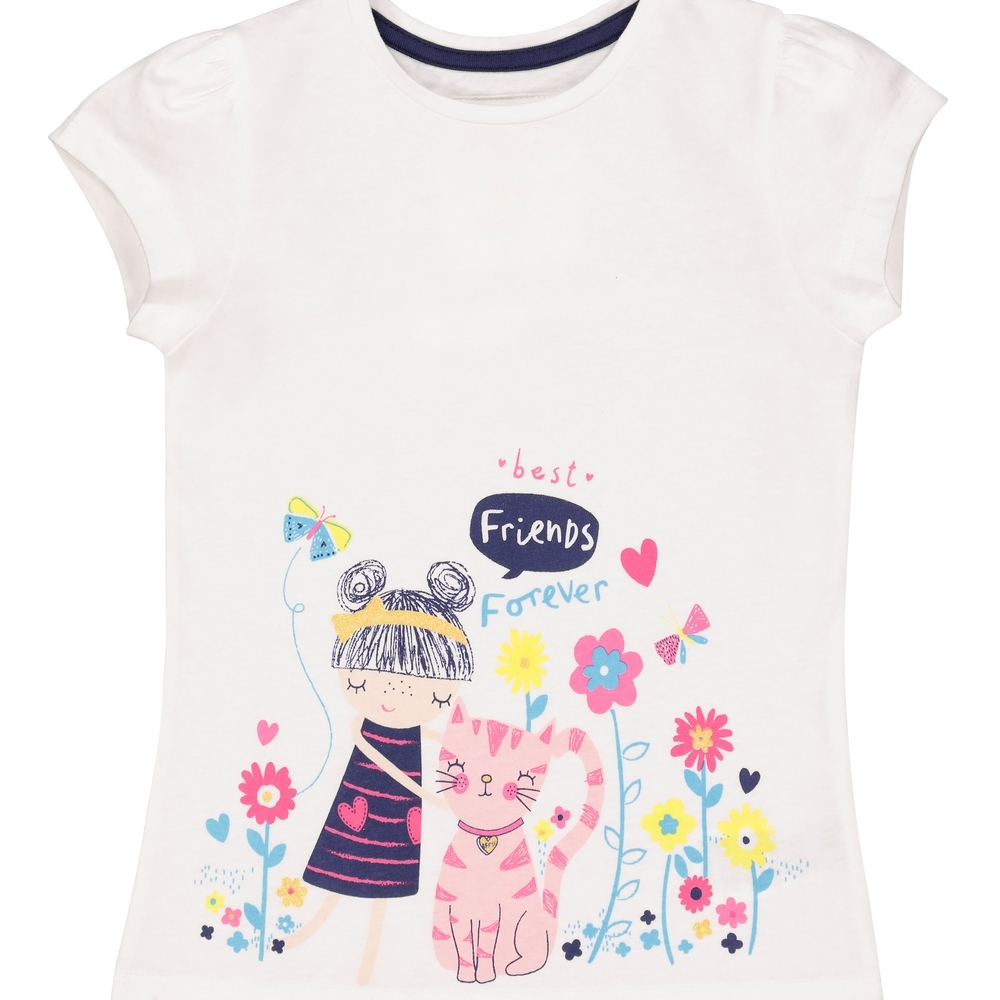 

Girls Half Sleeves Cat Border Print T-Shirt - White