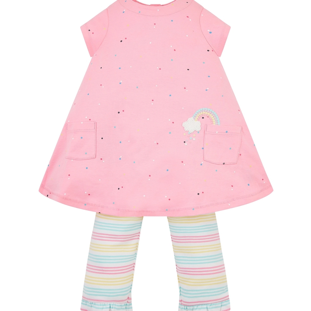 

Girls Half Sleeves Dress&amp Legging Set Polka Dot&amp Stripe Print - Pack Of 2 - Pink White