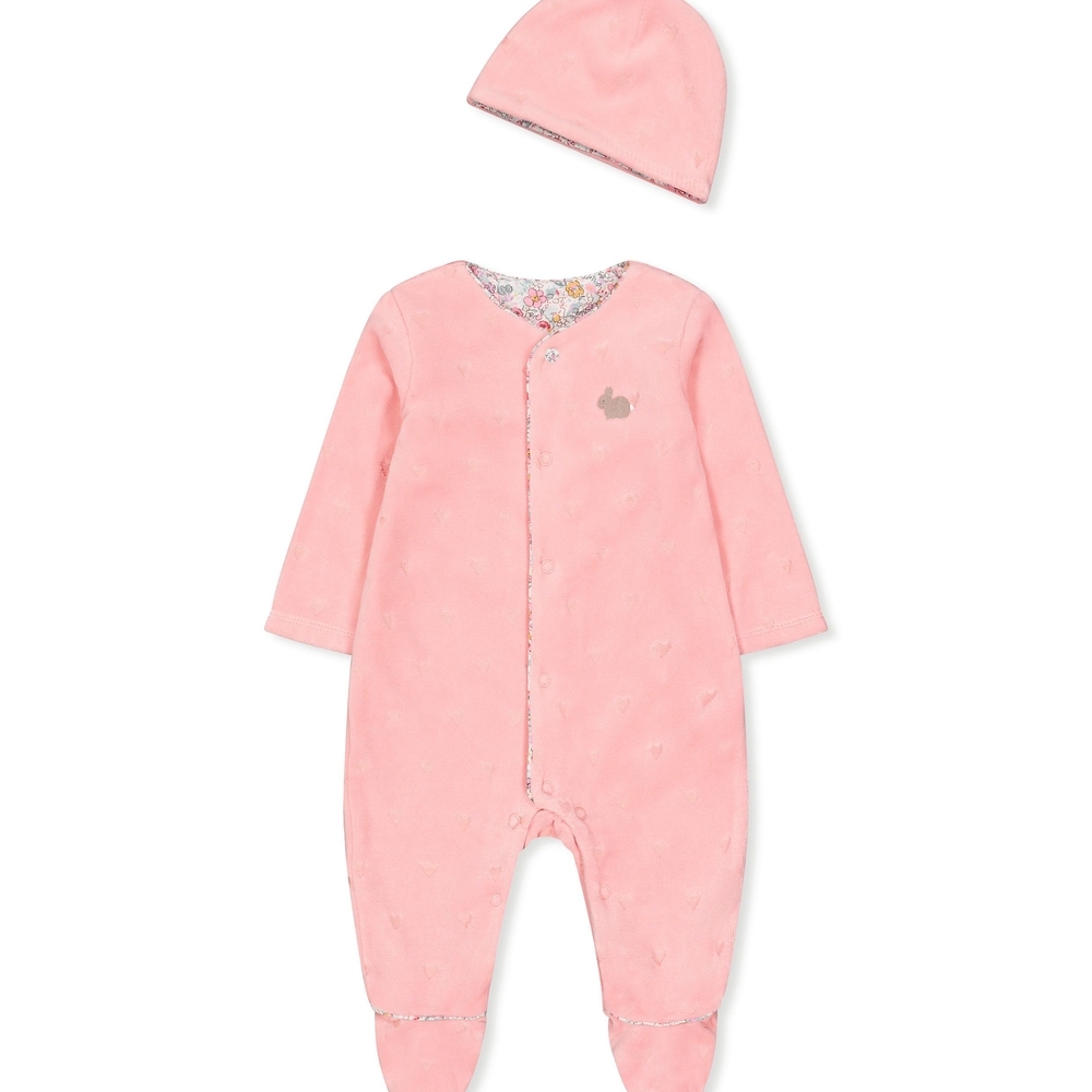 

Pink Velour Hearts All In One And Hat Set