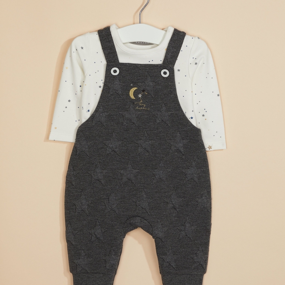 

Grey Embossed Star Dungarees And Bodysuit Set