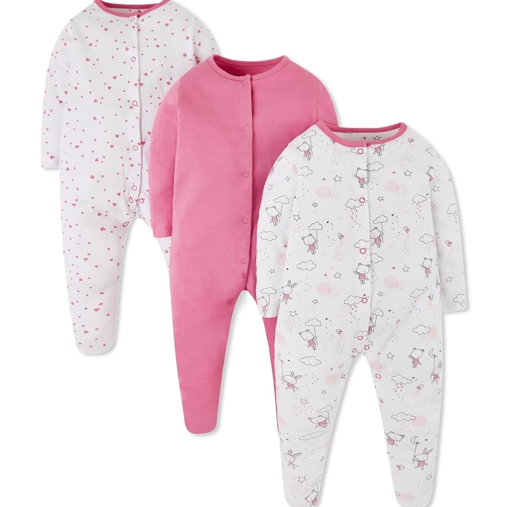 

Girls Full Sleeves Bunny And Heart Print Sleepsuit - Pack Of 3 - Multicolor