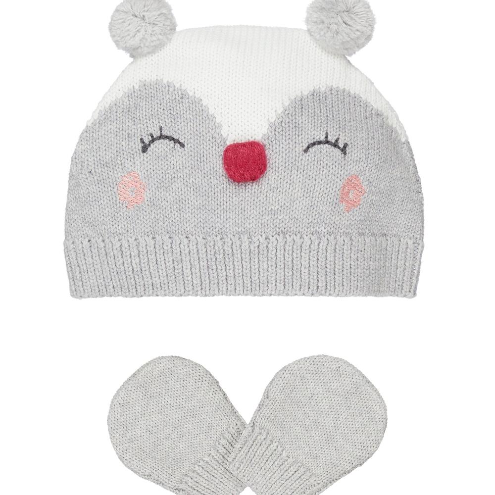 

Girls Knitted Pom Pom Beanie And Mitts - Grey