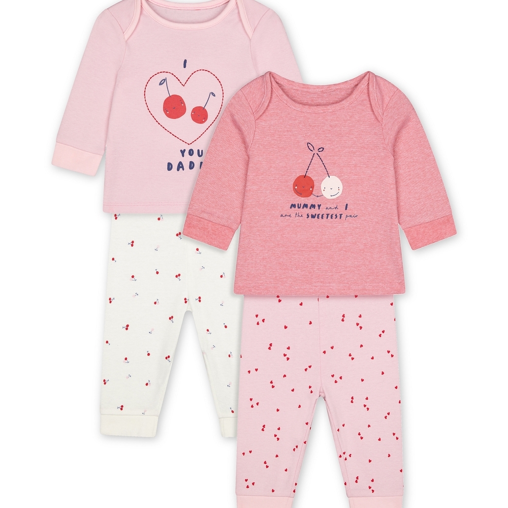 

Girls Full Sleeves Pyjamas Cherry Print And Embroidery - Pack Of 2 - Red Pink