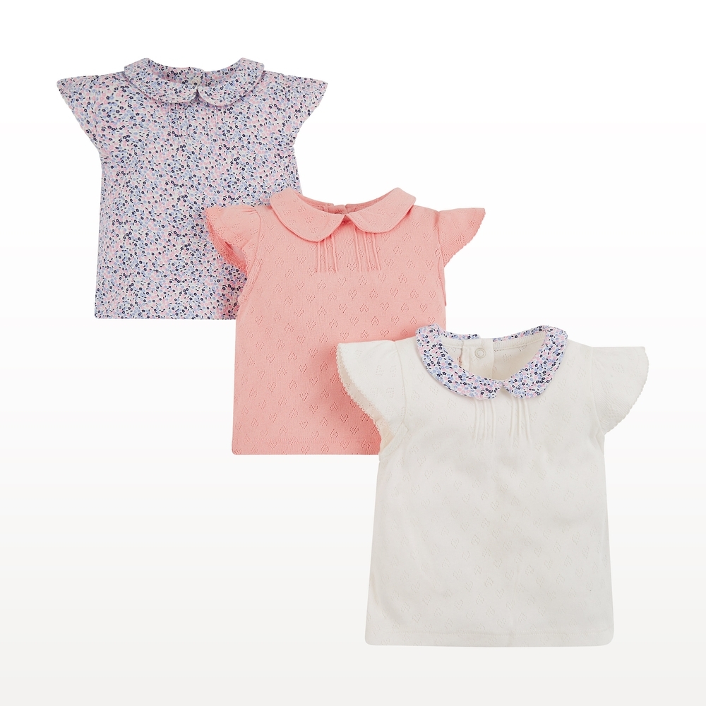 

Girls Half Sleeves Floral Heart And Pointelle Tops - Pack Of 3 - Multicolor