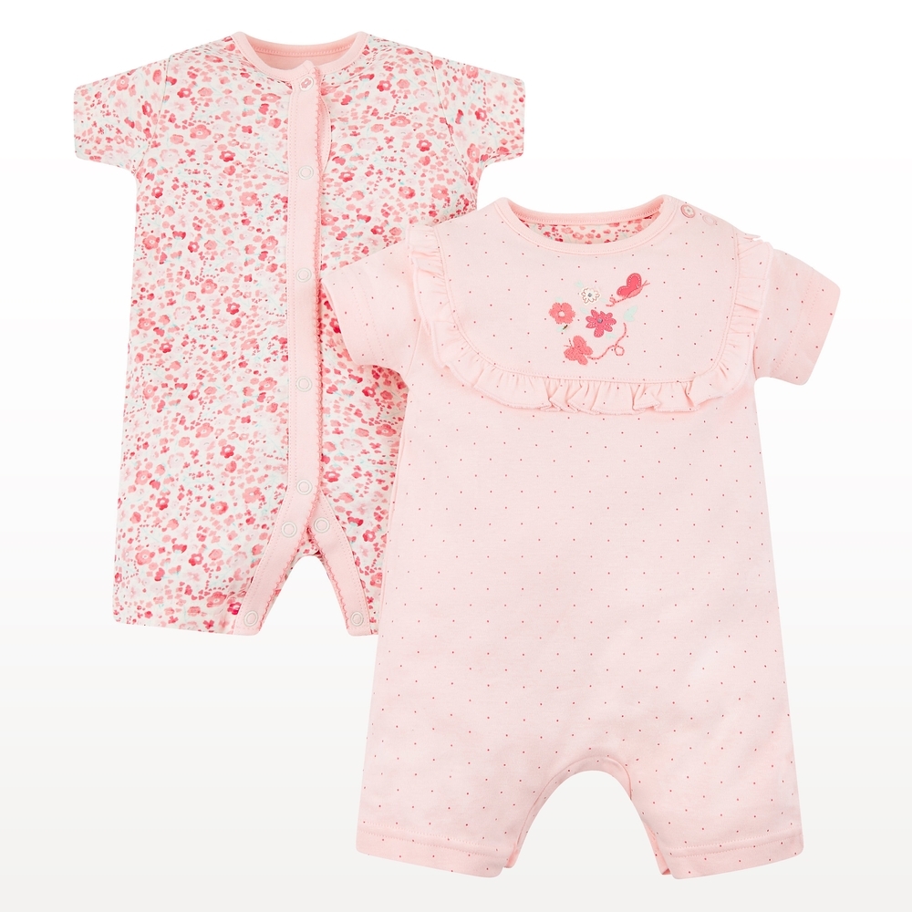 

Girls Half Sleeves Rompers Floral Print And Embroidery - Pack Of 2 - Pink