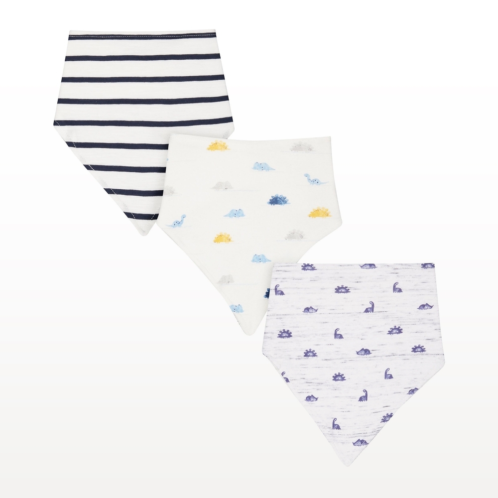 

Boys Bibs Dinosaur Print And Stripe - Pack Of 3 - Grey White