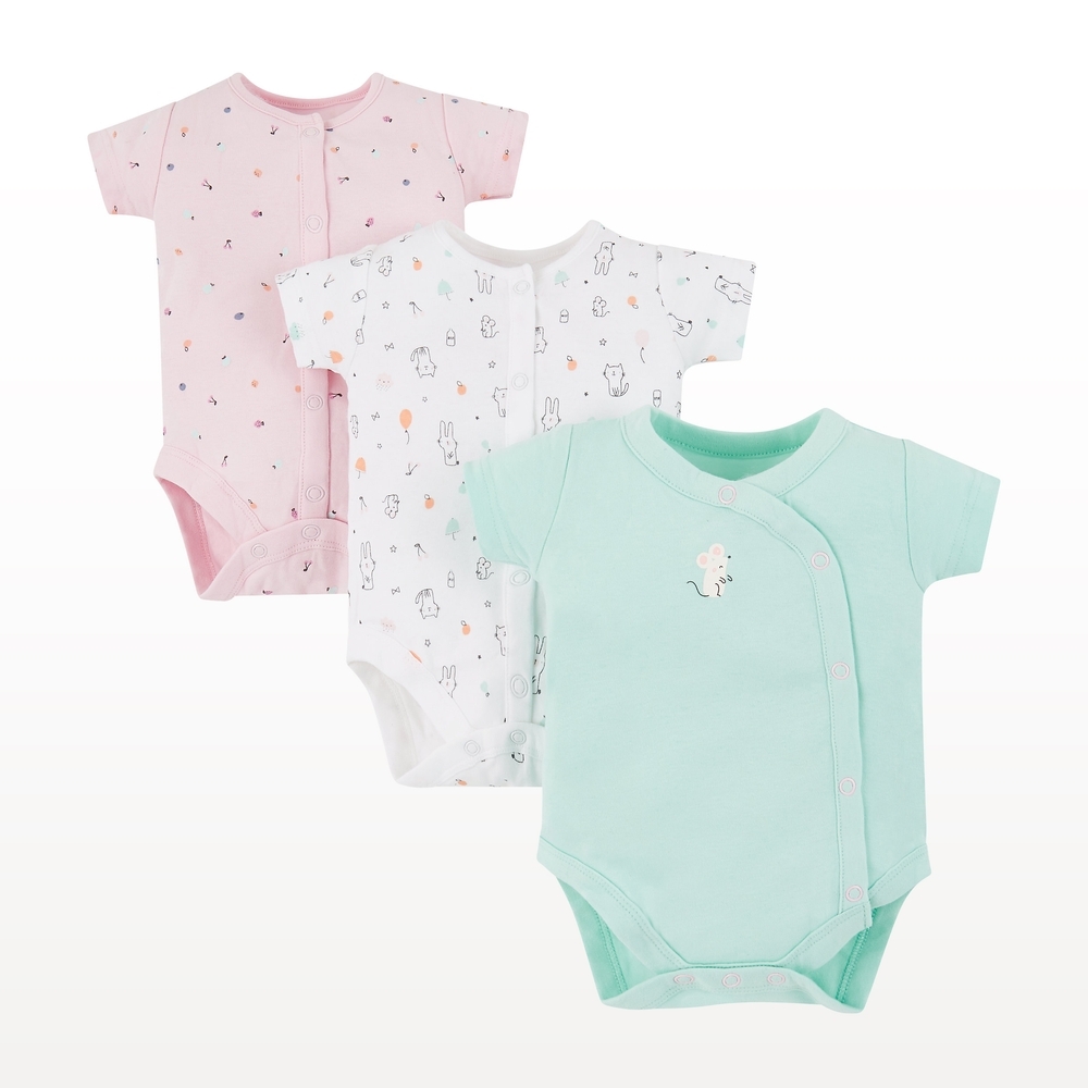 

Girls Half Sleeves Cat And Mouse Print Bodysuit - Pack Of 3 - Multicolor