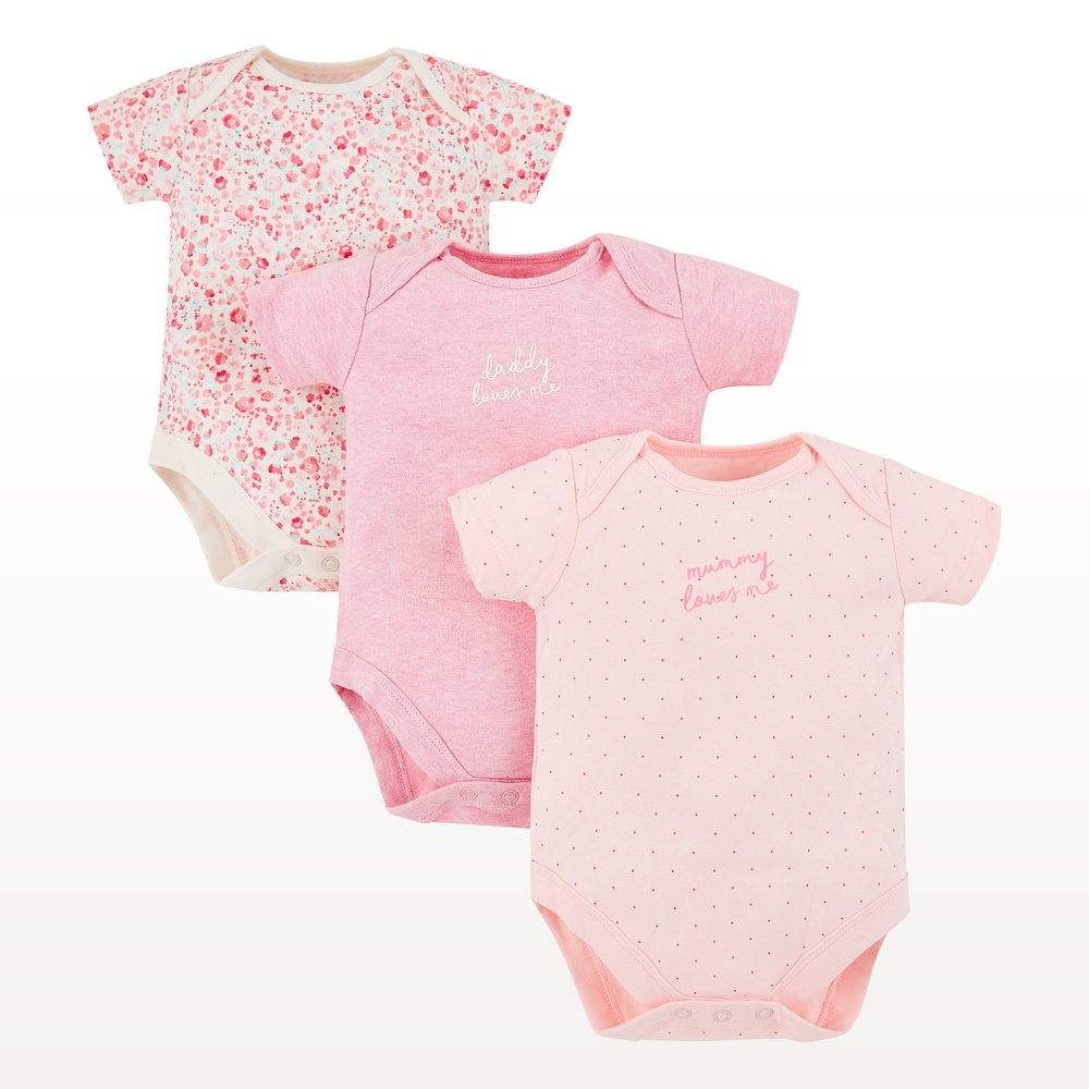 

Girls Half Sleeves Bodysuit Floral And Text Print - Pack Of 3 - Pink