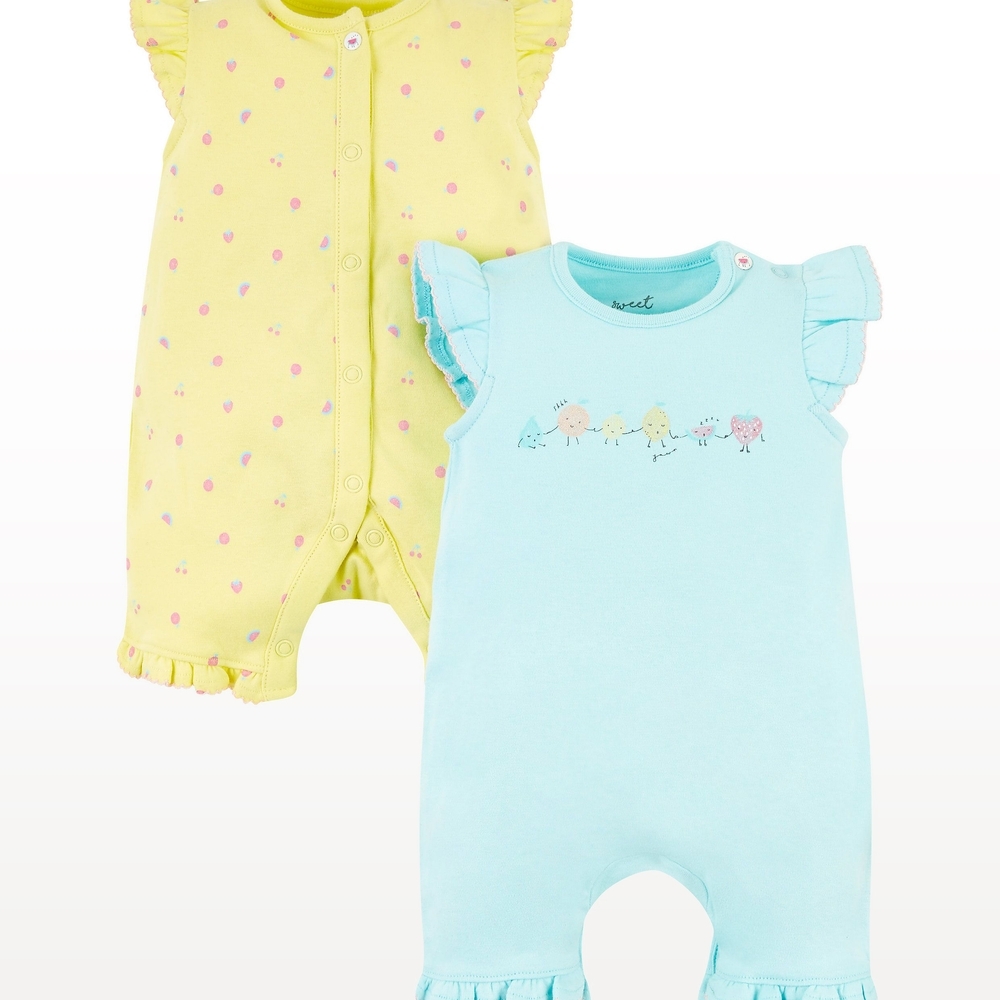 

Girls Half Sleeves Rompers Fruit Print - Pack Of 2 - Yellow Blue