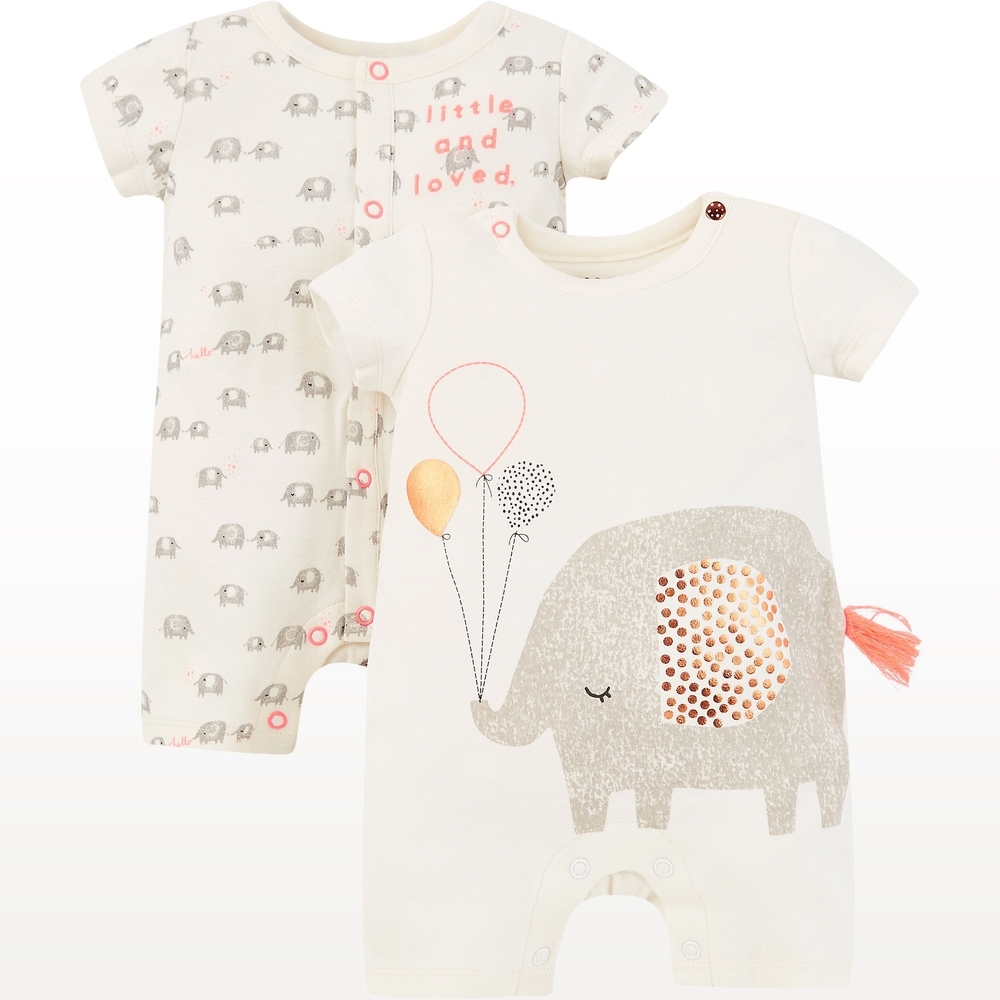 Unisex Half Sleeves Elephant Print Novelty Romper - Pack Of 2 - Cream