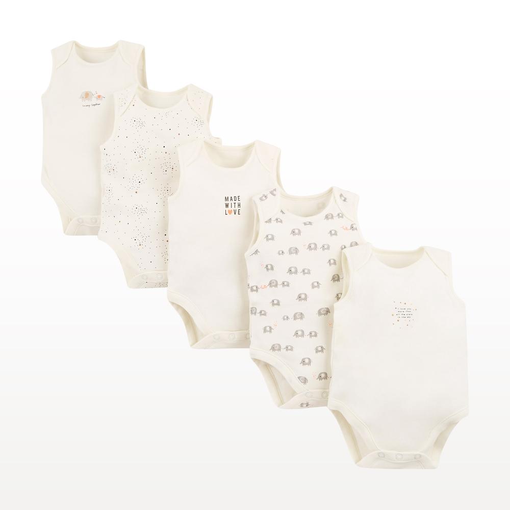 

Unisex Sleeveless Bodysuit Elephant Print - Pack Of 5 - Cream