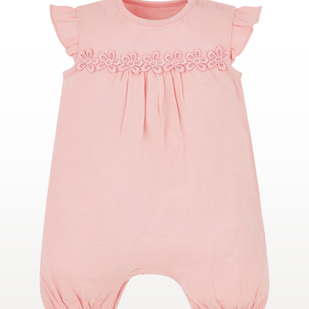 Girls Half Sleeves Floral Lace Romper - Pink
