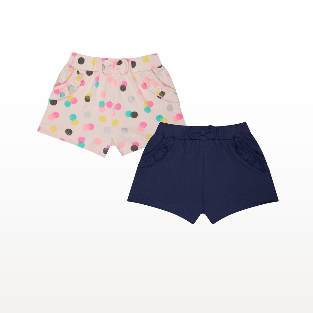 

Girls Shorts Polka Dot Print Frill Bow - Pack Of 2 - Pink Navy