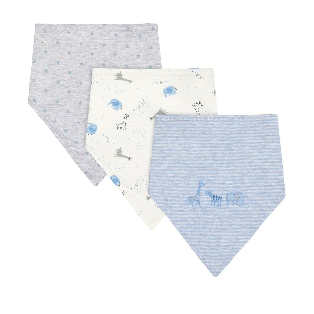 

Boys Toweling Bibs Stripe Star And Animal Print - Pack Of 3 - Blue Grey White