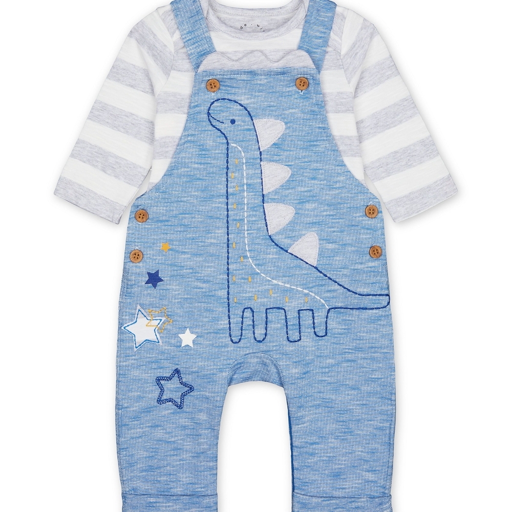 

Blue Dinosaur Dungarees And Striped Bodysuit Set