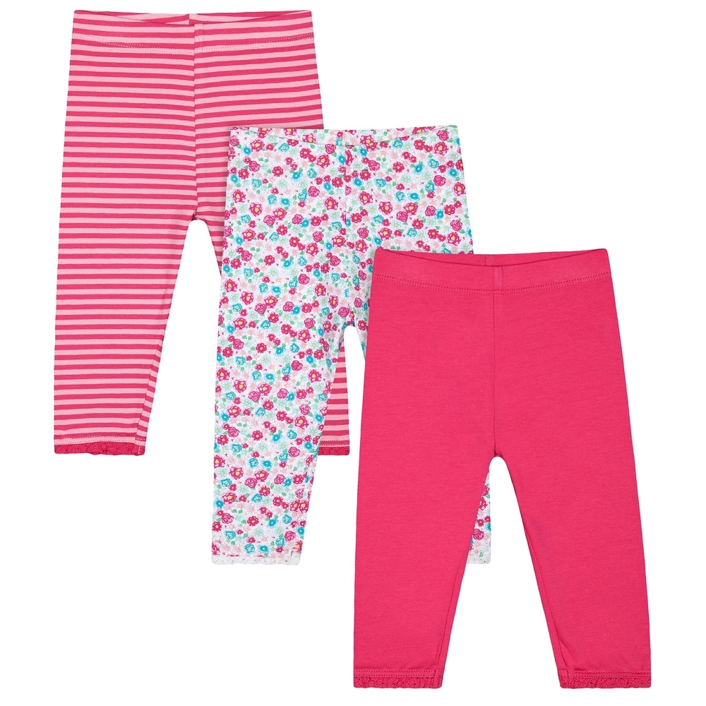 

Girls Legging Floral&amp Stripe Print With Elasticated Waistband - Pack Of 3 - Pink White