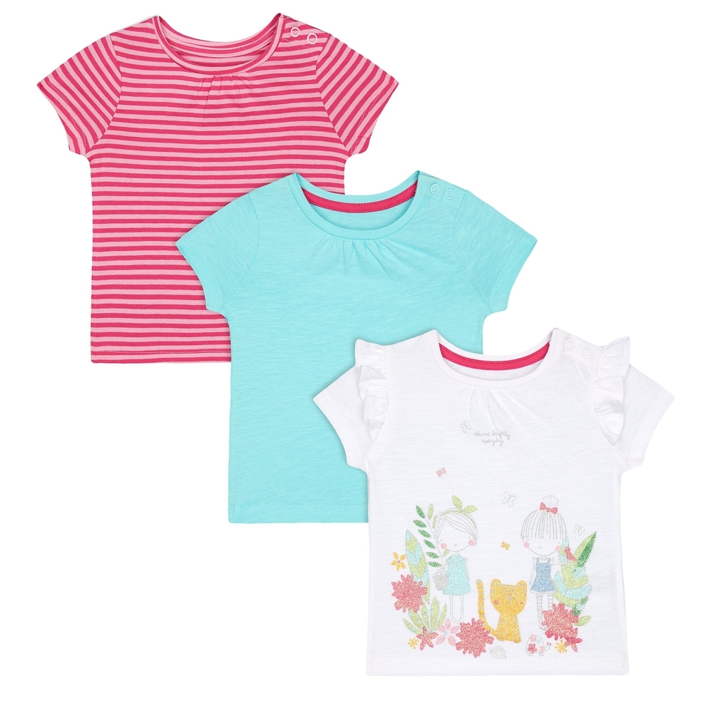 

Green Pink-Stripe And White Glitter-Print T-Shirts - 3 Pack
