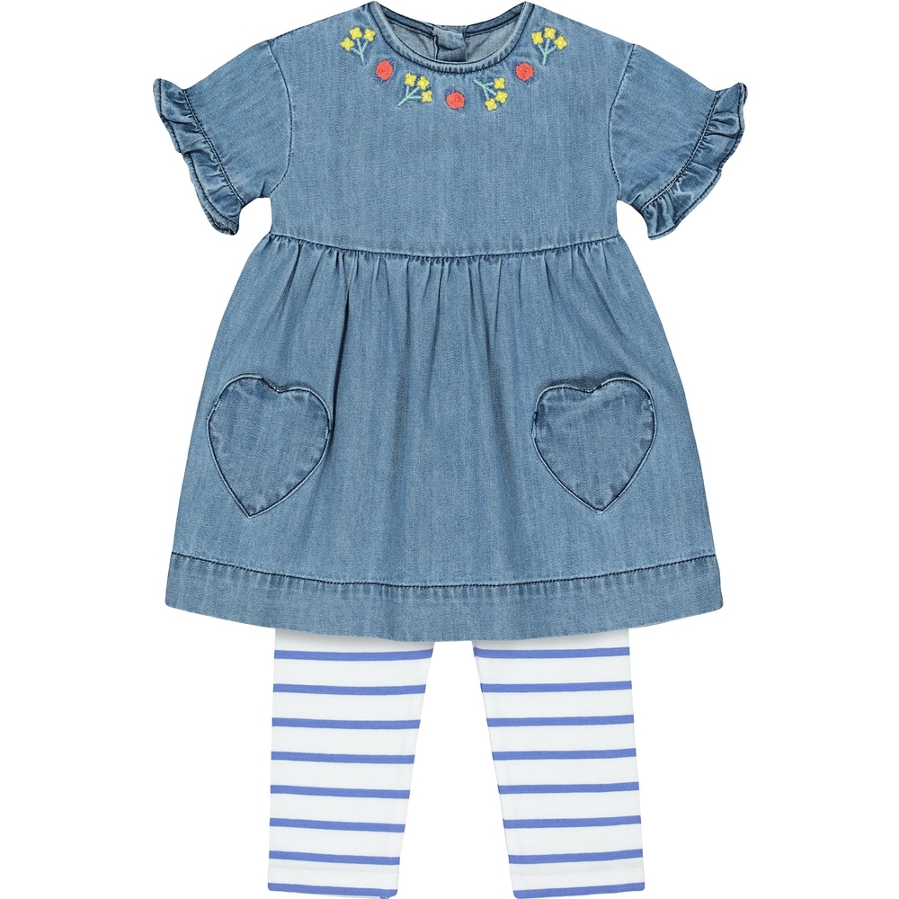 Embroidered Denim Dress And Leggings Set