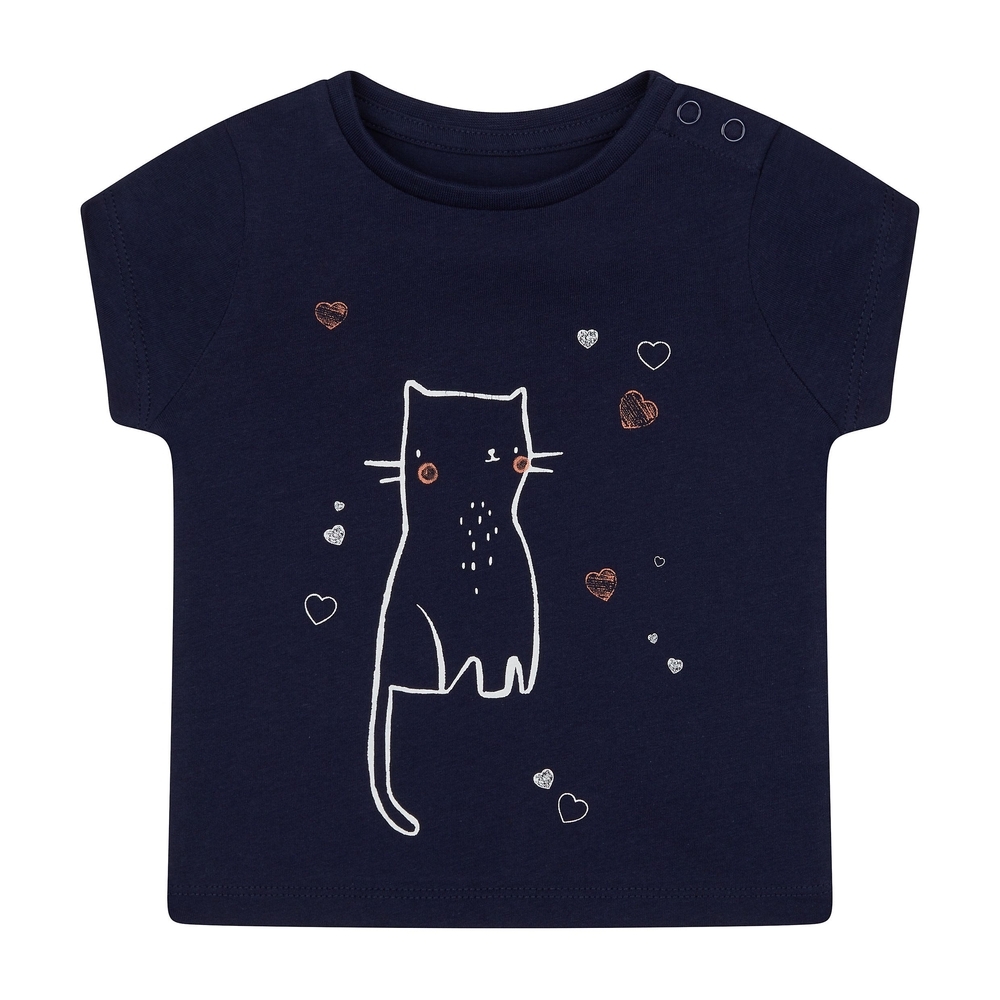 

Girls Half Sleeves T-Shirt Cat Graphic Print - Navy