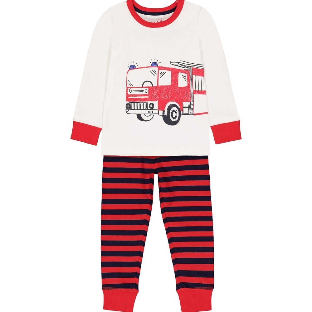 

Boys Full Sleeves Pyjamas Fire Engine Print And Stripe - Cream Red