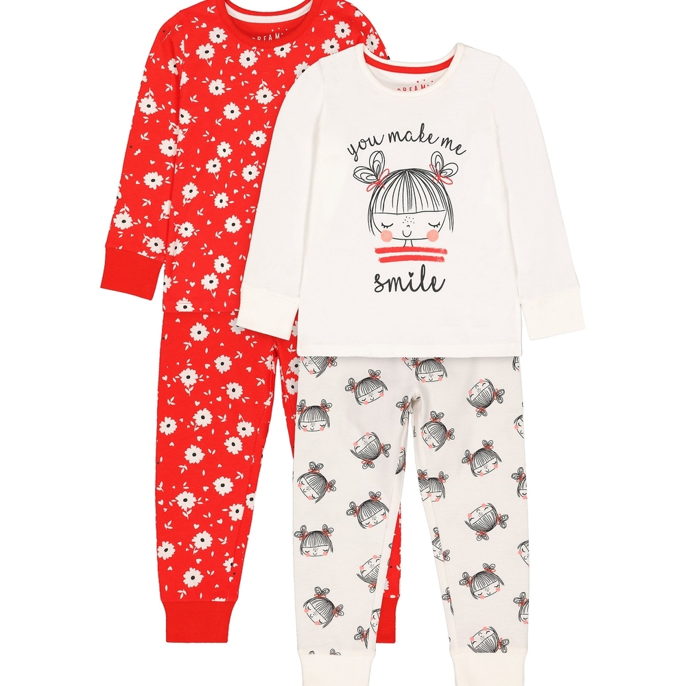 

Girls Full Sleeves Pyjamas Smile Face With Floral Print - Pack Of 2 - Red White