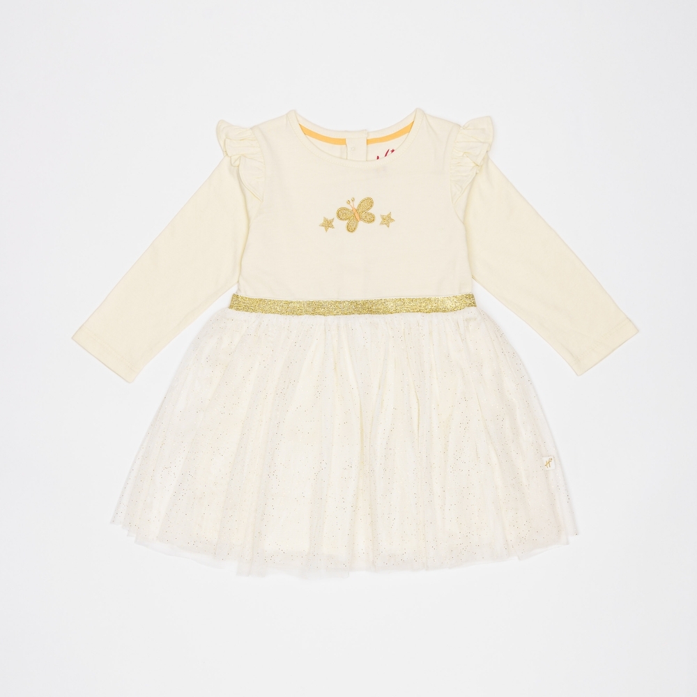 

H by Hamleys Girls Full Sleeve Dress Butterfly Design-Oatmeal