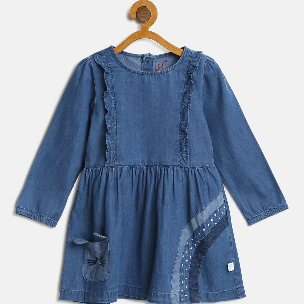 

H by Hamleys Girls Full Sleeve Dress Bunny Design Denim-Blue