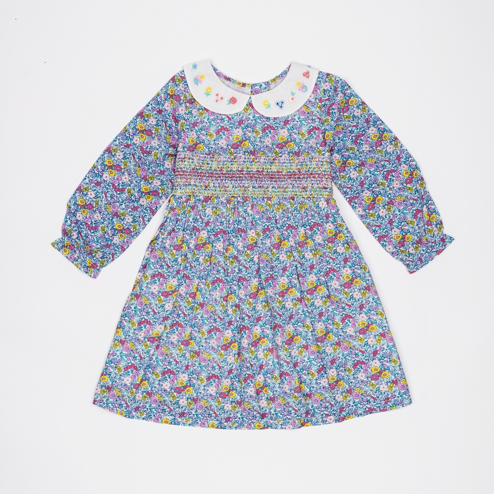 

H by Hamleys Girls Full Sleeve Dress Smocking Floral Design-Multicolor