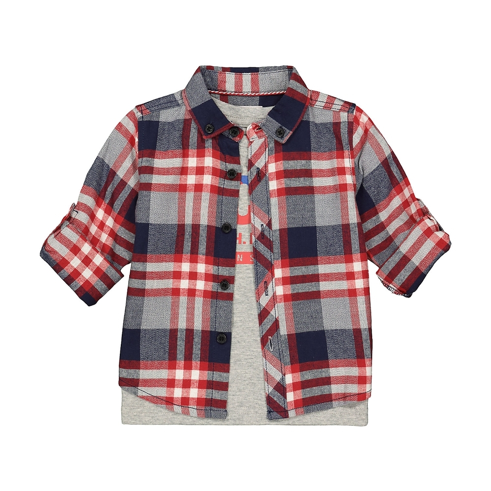 

Boys Full Sleeves Check Shirt And T-Shirt Set Text Print - Grey