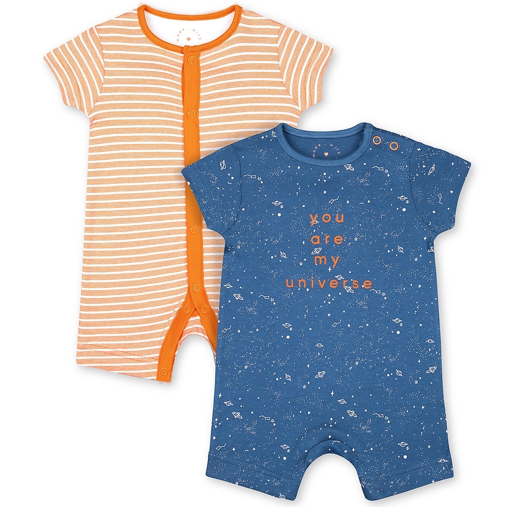 

Boys Half Sleeves Romper Striped And Space Print - Pack Of 2 - Navy Orange