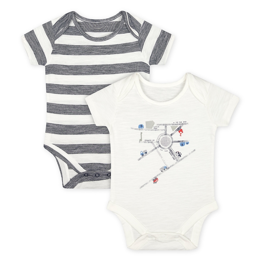 

Boys Half Sleeves Bodysuit Striped And Printed - Pack Of 2 - White