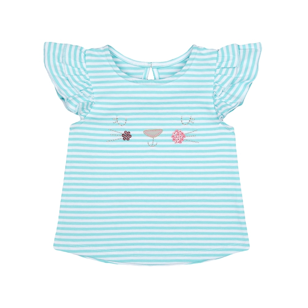 

Girls Half Sleeves T-Shirt Cat Embroidery - Blue