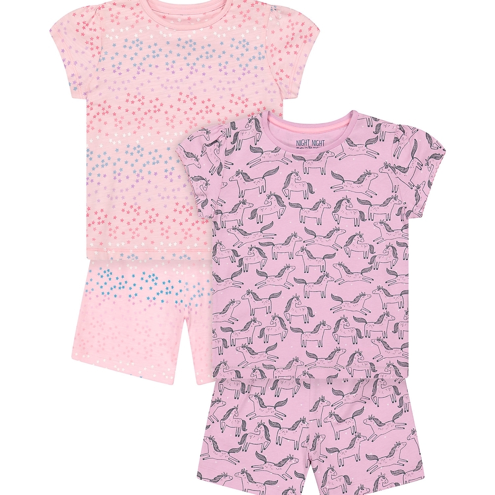 

Girls Half Sleeves Shortie Pyjama Set Star And Unicorn Print - Pack Of 2 - Pink