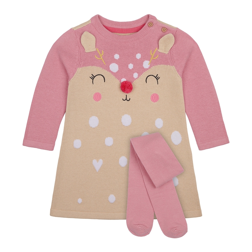 

Girls Full Sleeves Knitted Dress With Tights Reindeer 3D Details - Pink Brown