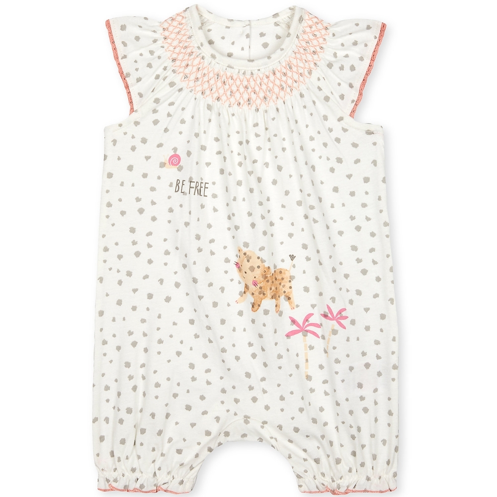 

Girls Half Sleeves Smocked Romper Leopard Print - Cream