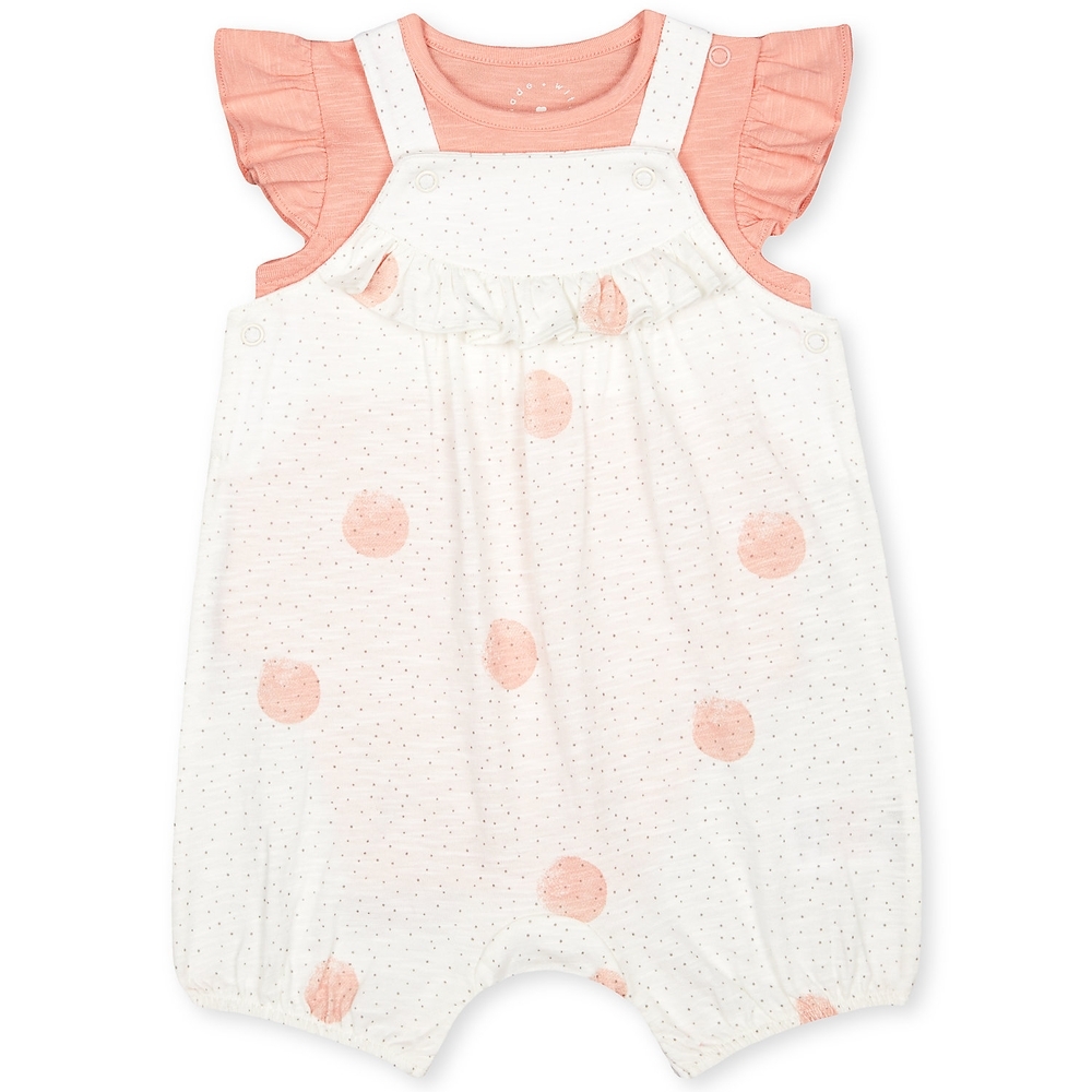 

Girls Half Sleeves Dungaree Set Polka Dot Print - White Pink